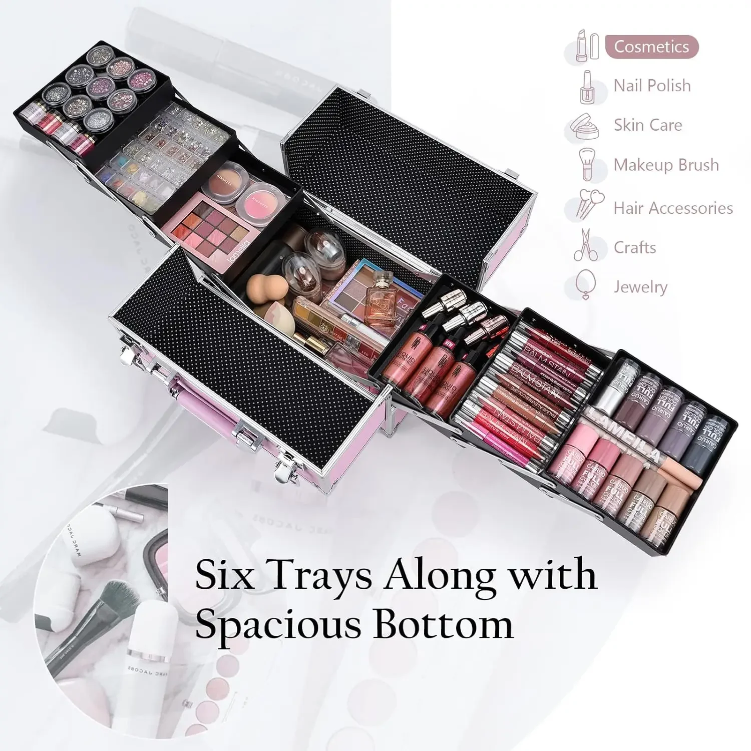 Frenessa Makeup Train Case กล่องเครื่องสําอางแบบพกพาขนาดใหญ่ - ถาด 6 ชั้น Professional Makeup Storage Organizer Box Make Up