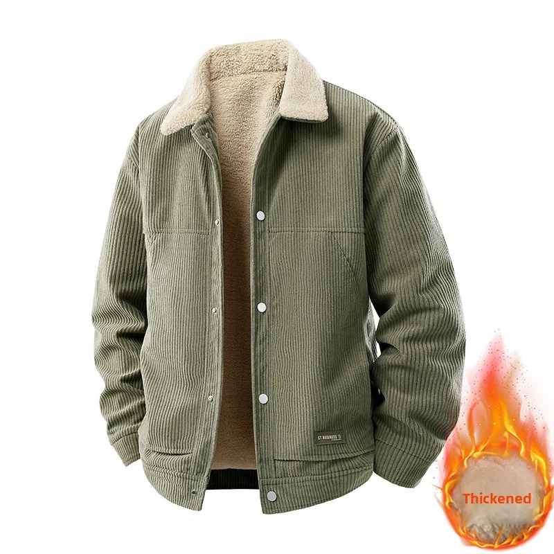 Fleece Corduroy Lapel Coat Men Korean Fashion Plus Velvet Lamb Fur Casual Jacket 2025 Autumn Winter Men's Thick Business Jackets