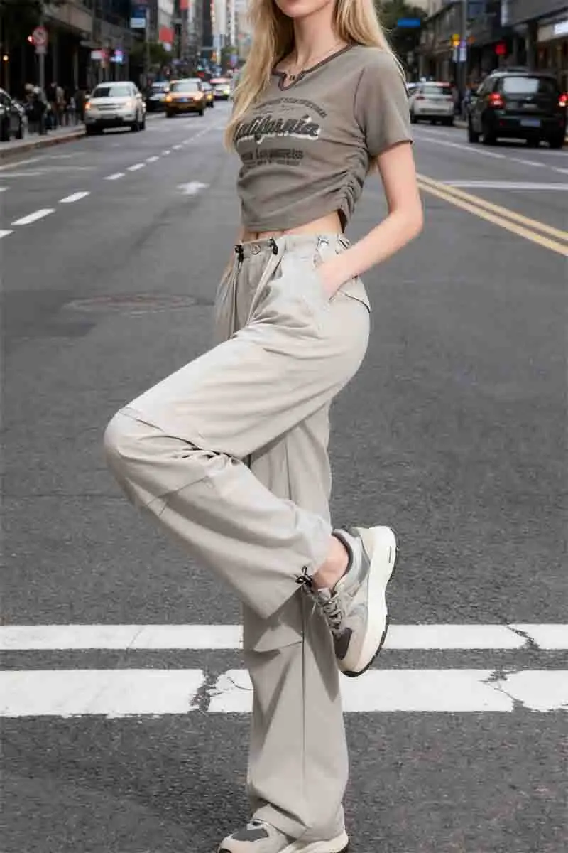 

Брюки-карго женские эластичные осенние нейлоновые парусиновые уличные ботинки стираная провисающая лоскутная уличная одежда Highstreet с вышивкой OL