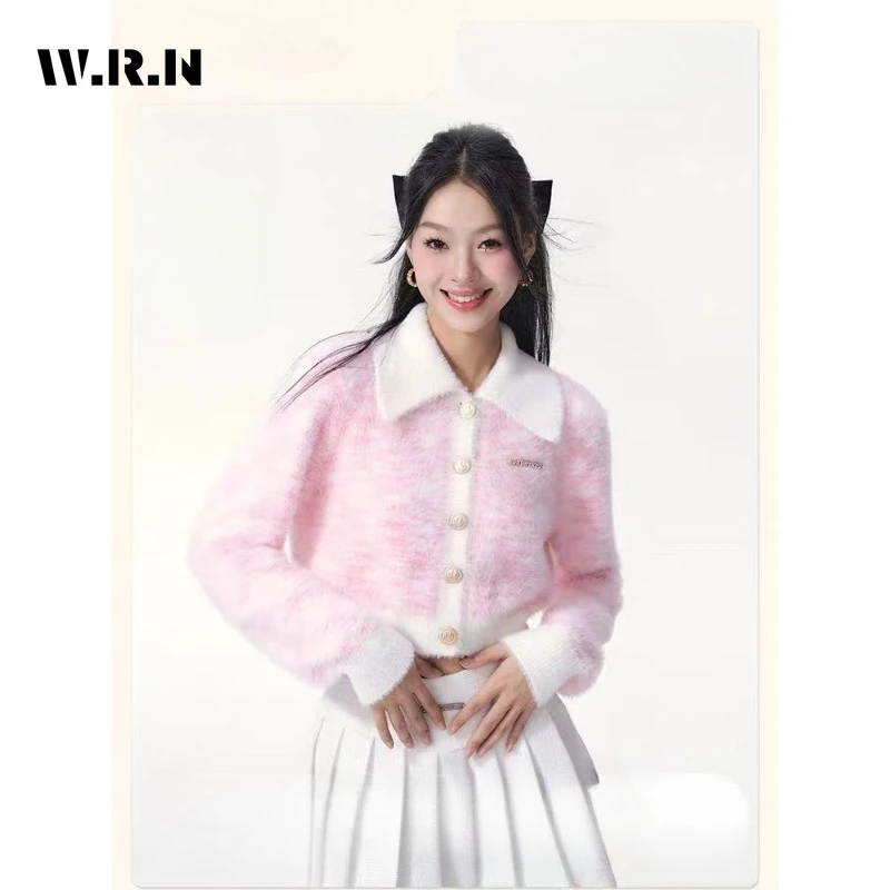 

Women Chic Sweet Patchwork Knitted Long Sleeve Turn Down Collar Cardigans 2023 Winter Fashion Casual Single Breasted Y2K Sweater