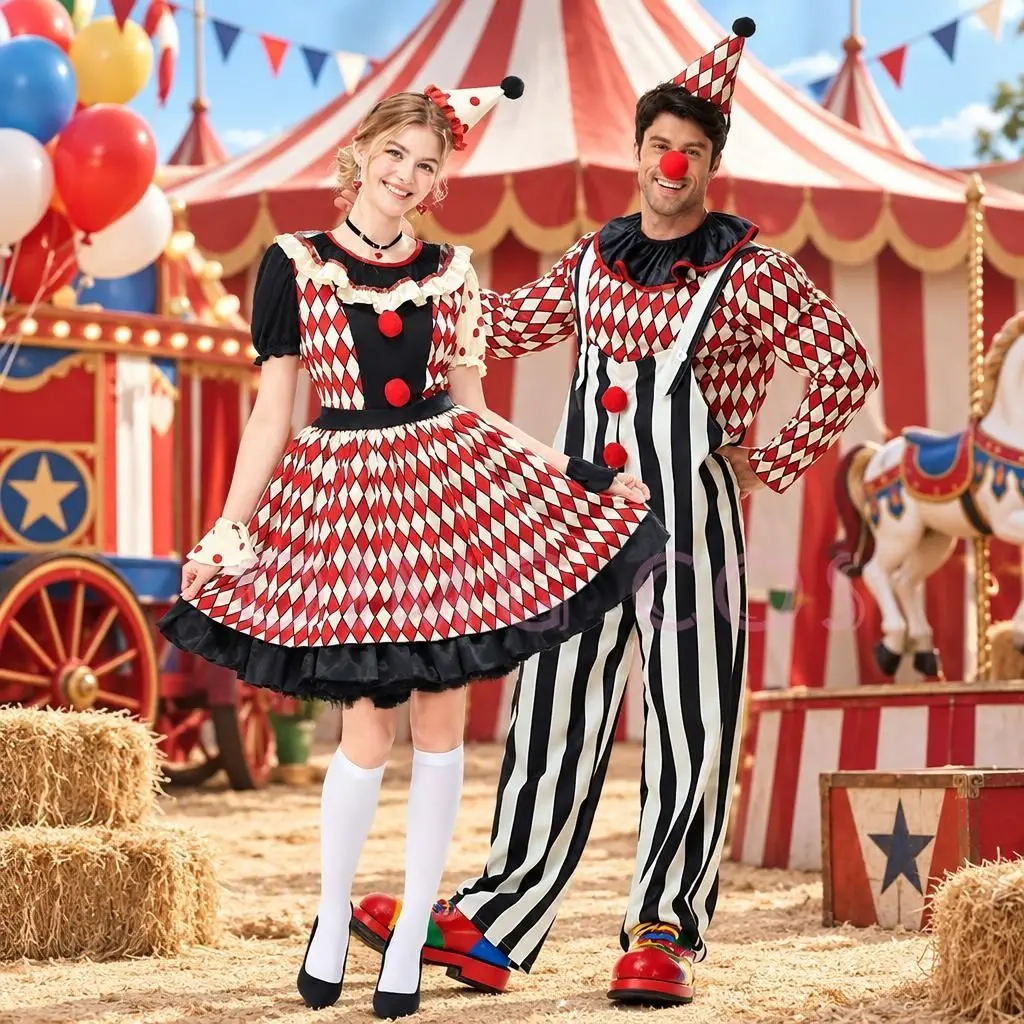 Couple Circus Clown Halloween Costume Striped Diamond Lattice Suit Men Women Masquerade Stage Performance Cosplay Outfit