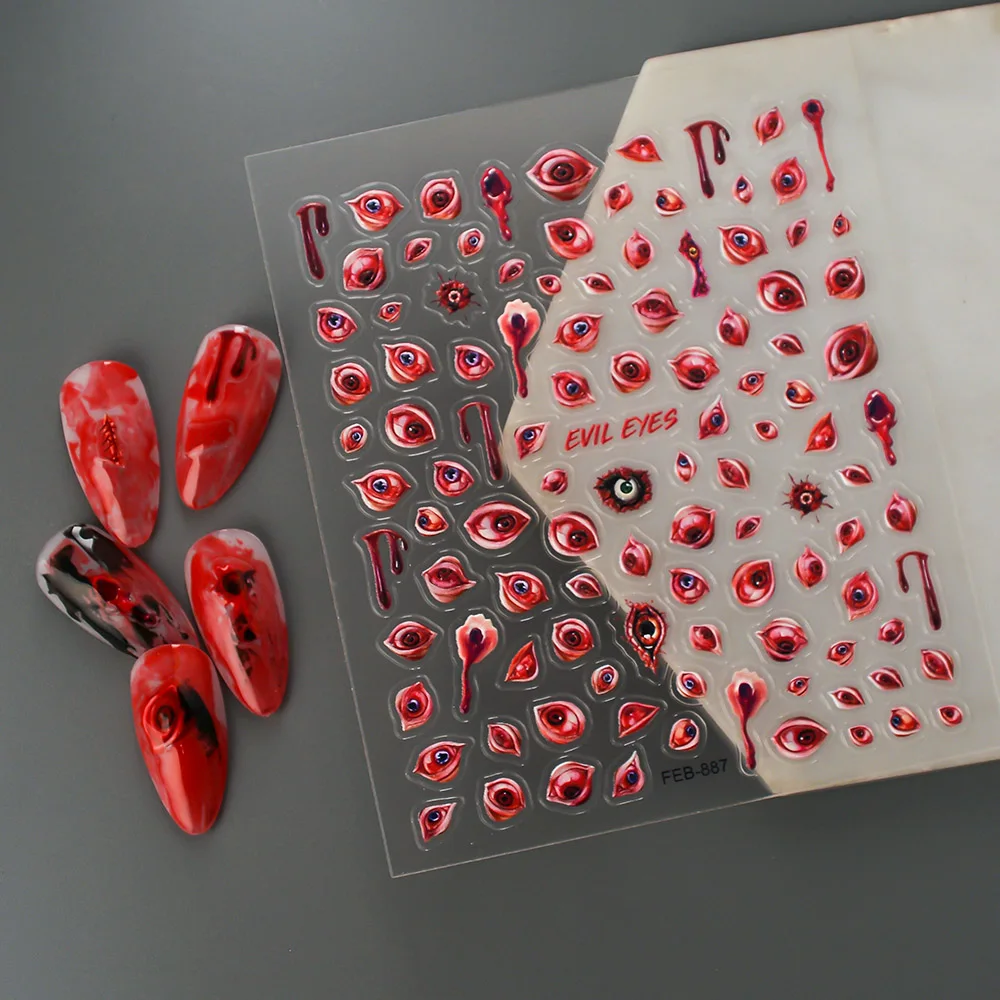 Evil Eyes 5D Nail Sticker Punk Bloody Halloween Sliders for Nails Adhesive Sticker Nail Design Art Decorations FEB-887