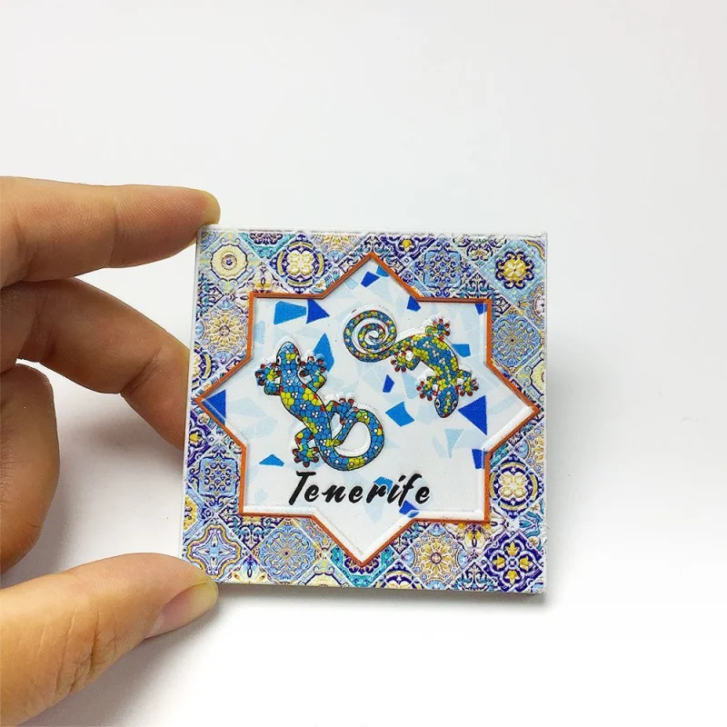 

Tenerife, Spain, Europe Fridge Magnet with Geckos & Traditional Mosaic Patterns, Cute Home Decor & Room Decoration Accessory