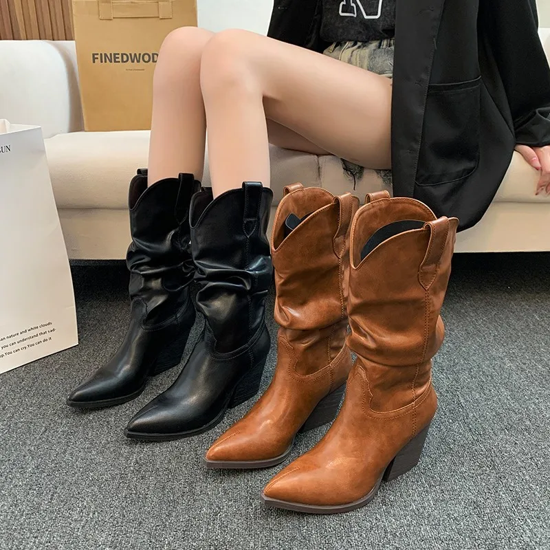 

New Style Women's High Heels Mid Calf Pleated Boots for Women Winter Brown Leather Western Boot Woman Thick Heeled Cowgirl Boots