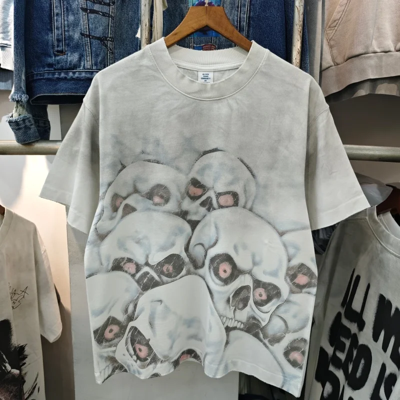 Vintage Distressed Men Short Sleeve T-Shirt Stacked Skull Print Heavyweight Washed Cotton Tee