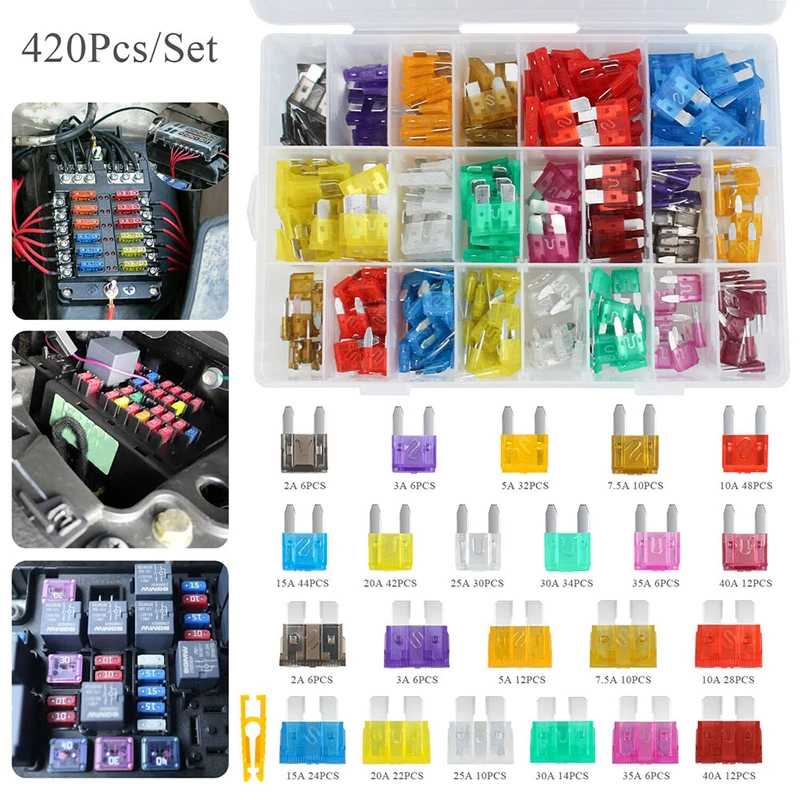 

420pcs Auto Blade Fuse Assortment Kit Small Medium Car Truck Motorcycle Boat Fuses 2A 3A 5A 7.5A 10A 15A 20A 25A 30A 35A 40A