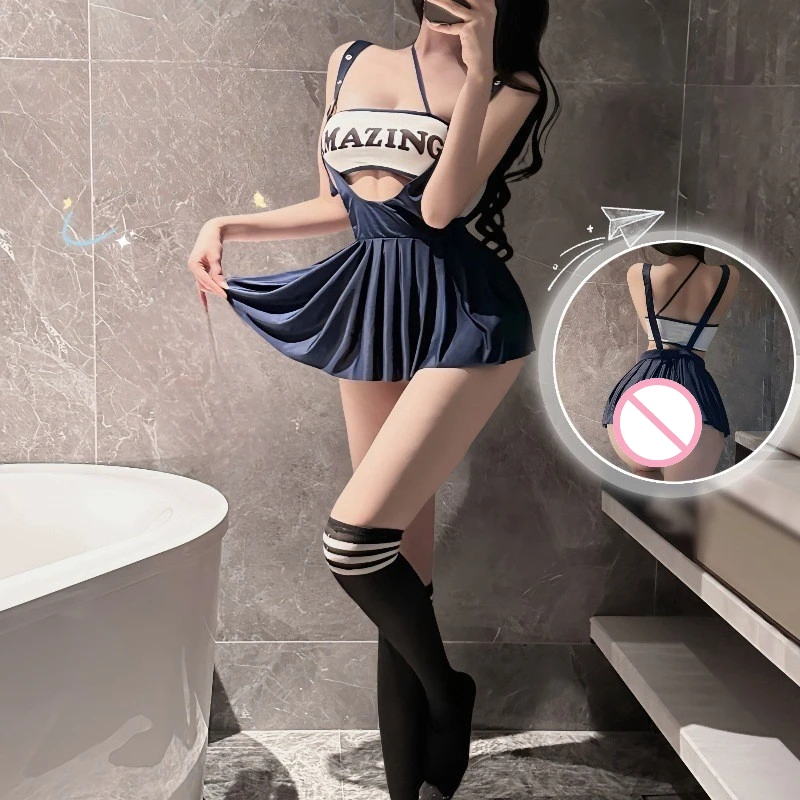 

Sexy Schoolgirl Lingerie Set - Off-Shoulder Bustier & Strappy Suspender Skirt | Pure & Seductive Sleepwear Dress