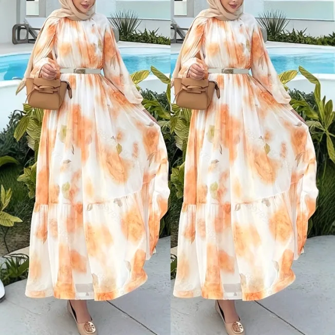 

Muslim Fashion Women's Printed Dress Tied V-neck Long Blouson Sleeves Buttoned Cuffs Print Pleated Waistband Abayas