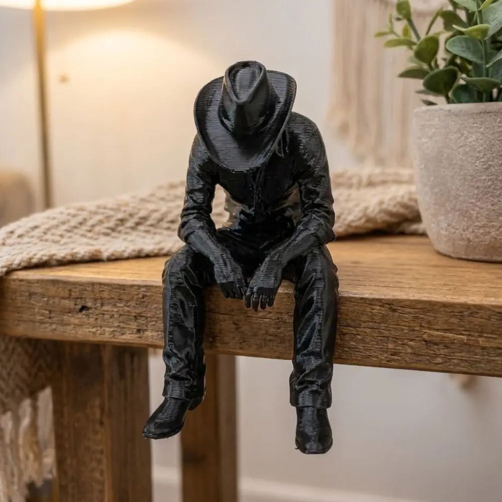 Western Style Sad Sitting Cowboy Sculpture 3D Printed Pensive Cowboy Figurine Ornament Lonely Vintage Melancholy Cowboy Figurine