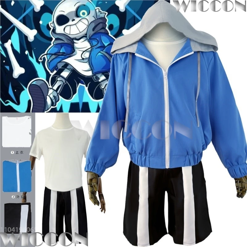 

Sans Anime Game Undertalee Cosplay Costume Blue Hoodie Coat White Shirt Black Shorts Full Set Man Cool Clothes Halloween Party