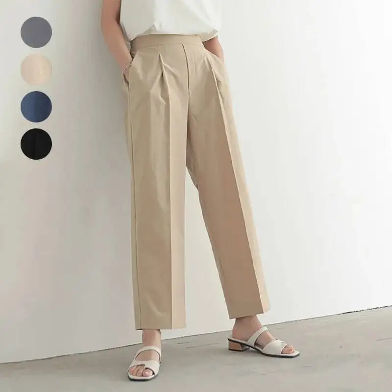 

Японские женские летние повседневные брюки Rakuten: свободные, широкие, с высокой талией, драпированные, однотонные, длинные, для стройности фигуры