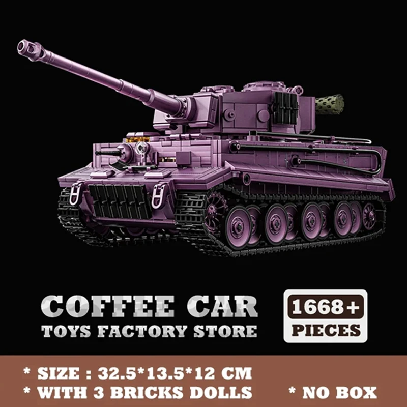 Tiger Heavy Tank “Ghost Purple” Color Scheme Building Blocks with Internal Structure—Armored Vehicle Model Toy with Tracks
