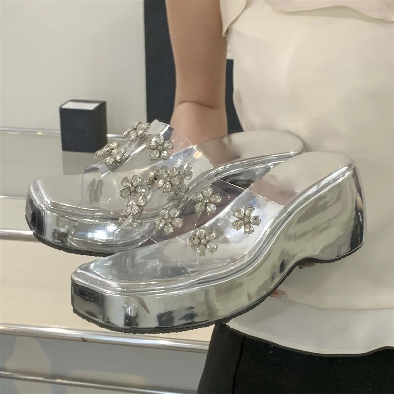 

Aneikeh Street Style Sexy Sequin Rhinestone Platform Wedges Women Slippers Party High Heels Banquet Slide Shoe Summer Fashion