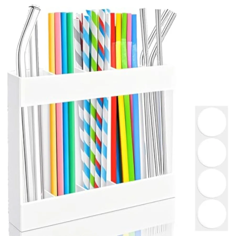 Suporte de palha acrílico com fita adesiva dupla face, organizador de palha reutilizável e recipiente de armazenamento para balcão de cozinha