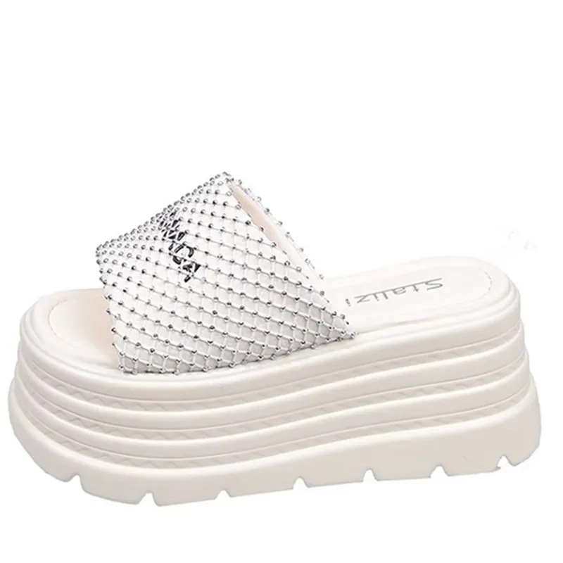 

8 см повседневные тапочки на танкетке, женские новые летние сандалии на платформе с кристаллами, женские удобные женские массивные пляжные тапочки с открытым носком