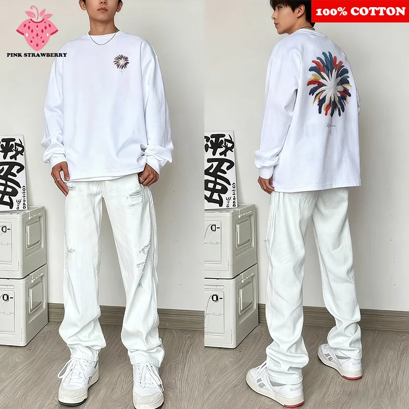 

American Color Feather Print T-shirt Men Autumn 2025 New 100% Cotton White O-Neck Long sleeves Tee Casual Y2k Top mens clothing