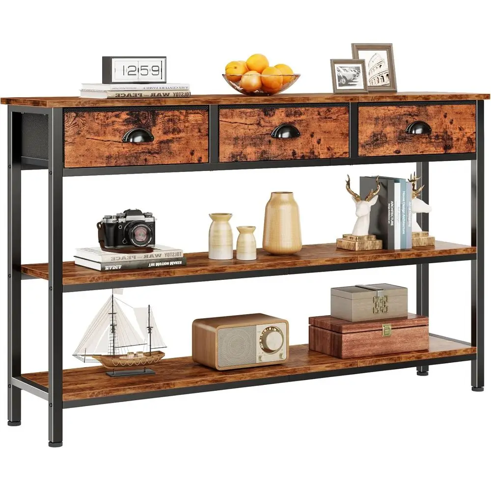 

47 Rustic Brown 3-Tier Entryway Table with Storage Shelves for Hallway, Living Room, and Kitchen