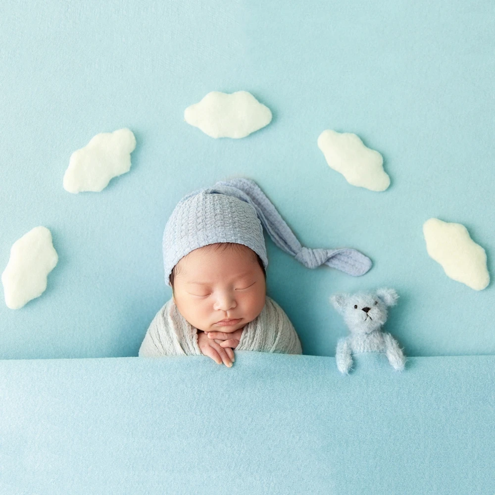 Sfondo a tema blu puntelli per fotografia infantile Baby Stretch Wrap Bonnet Set Cloud bear doll Newborn Shoot puntelli accessori