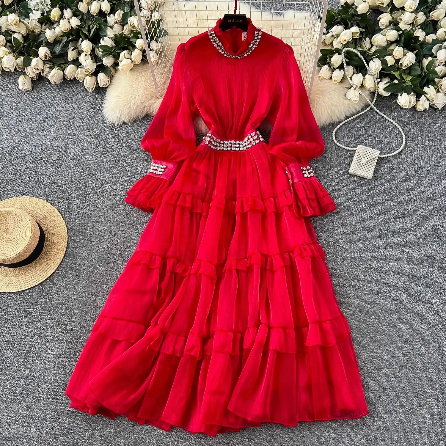 

rhinestone flare sleeve Elegant Bodycon Dress Slim Party Club Vintage Dress Korean Fashion Women Clothes