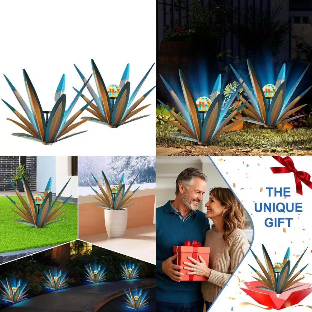 

Solar-Powered Rustic Agave Metal Art for Outdoor Spaces, Handcrafted Patio Decor, Ideal for Desert Landscapes, Blue-Tinted Garde