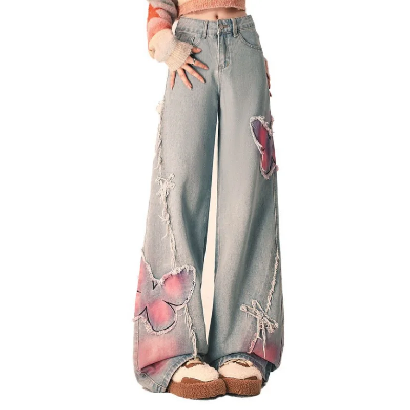 جينز بأربطة عنق مصبوغ على شكل فراشة ومطرز بحافة ضيقة للنساء ، تصميم شارع عالي ، ساق مستقيمة فضفاضة ، جينز طويل بساق واسعة