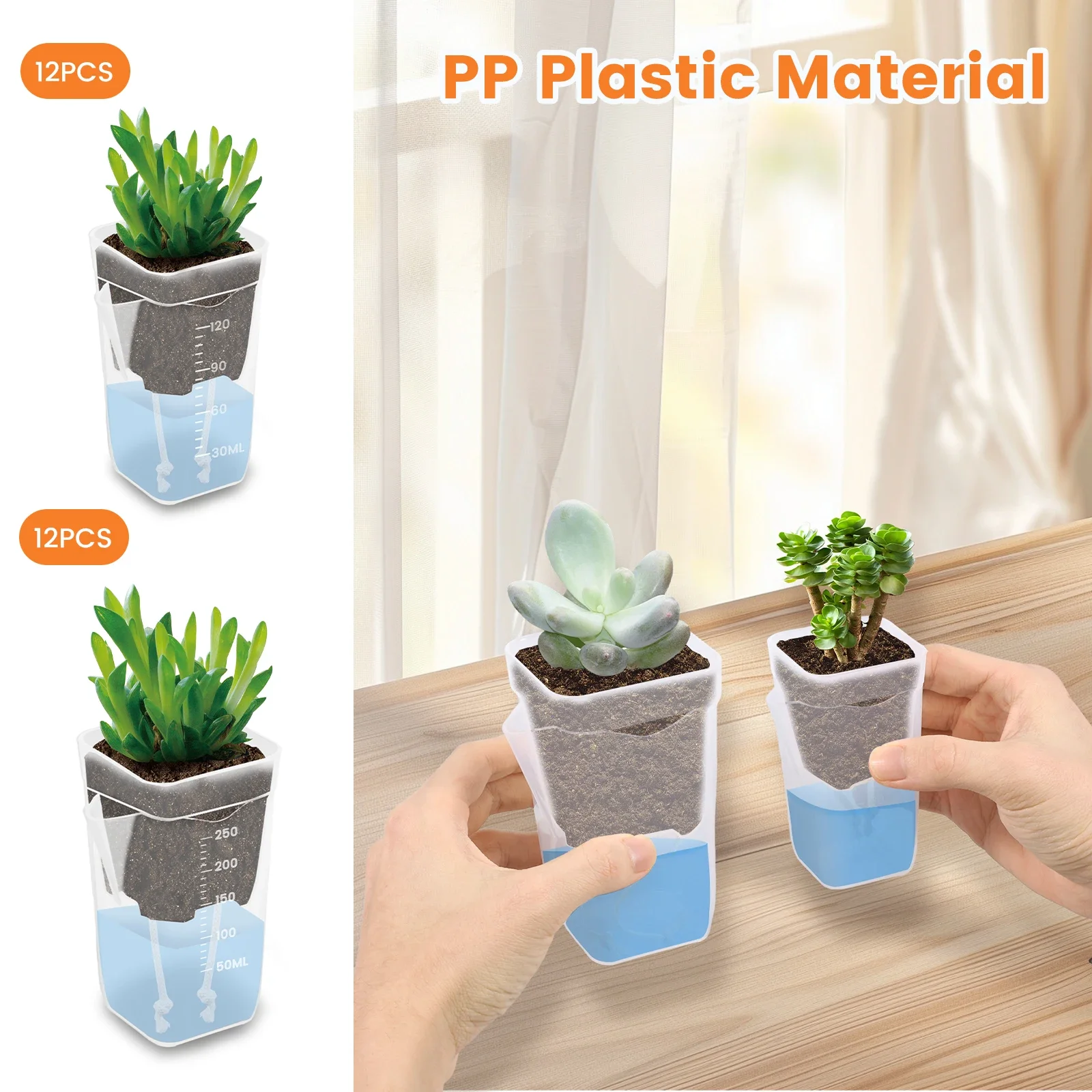 12 Pcs Self Watering Plant Pot Transparent Double Layer Plastic with Drainage Holes Cotton Rope Watering Small Nursery Pot