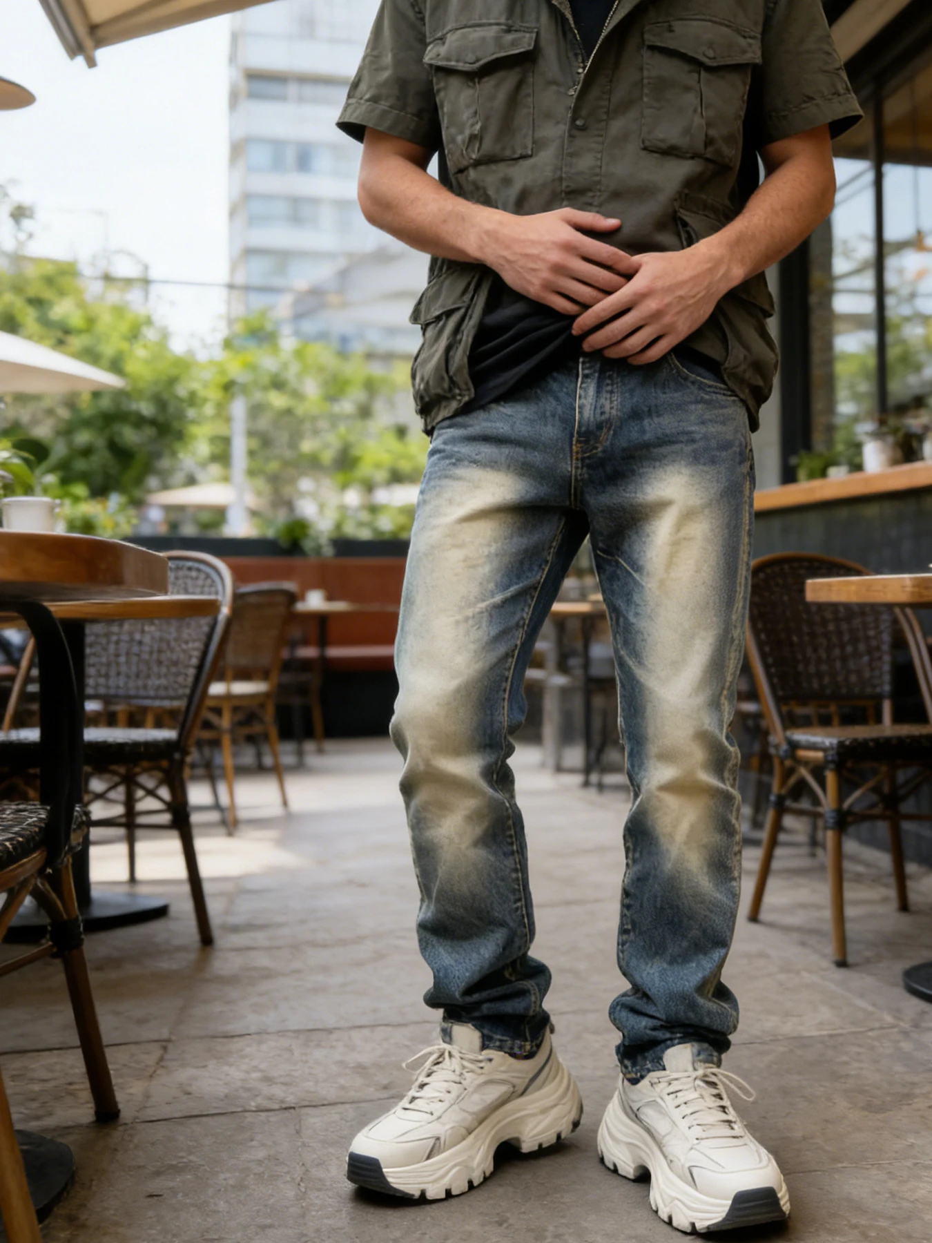 

American-style high street distressed wash straight-leg jeans for men, vintage faded trendy versatile long pants