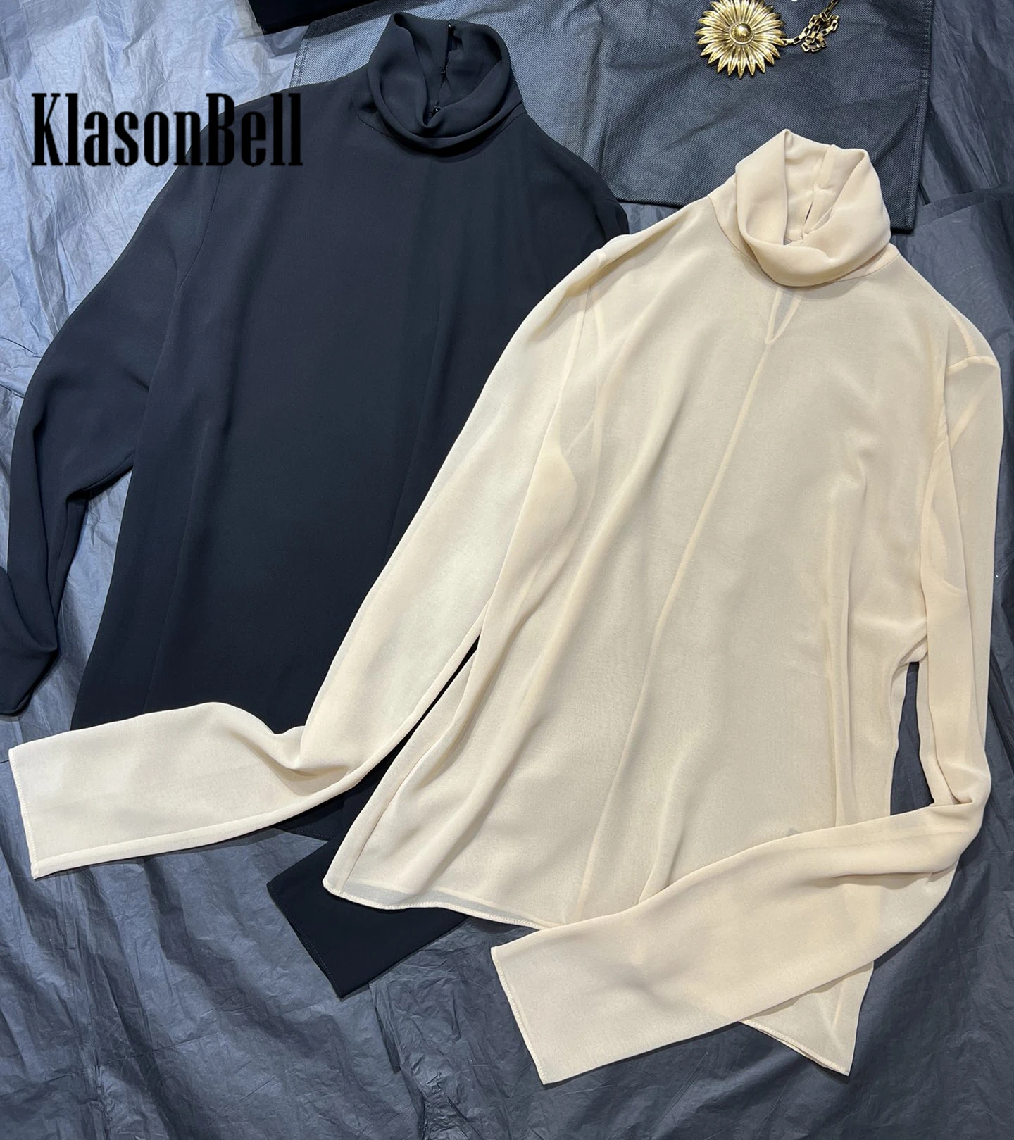 5.17 KlasonBell 2024 New Arrival Spring Summer Sheer Mesh Basics Tee Top Stand Collar All-match Long Sleeve Fit Women T-Shirt