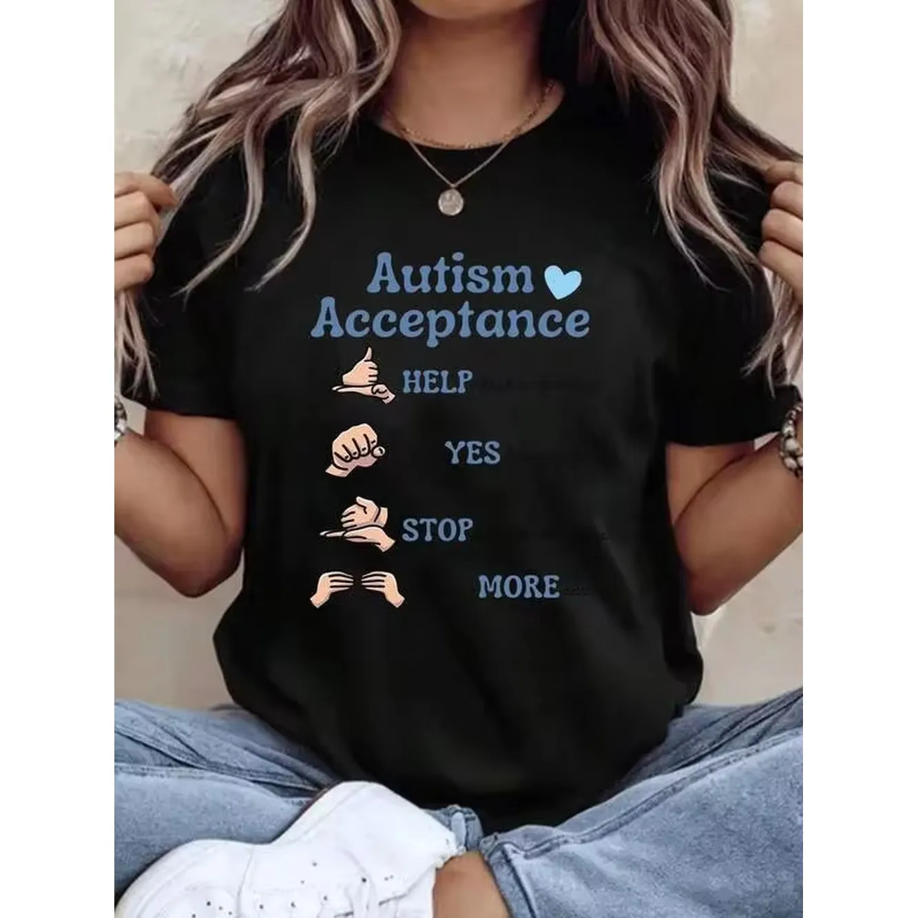 Autism Acceptance Awareness Shirt With Sign Language Messages For Autism Awareness And Inclusion Support And Education,220g