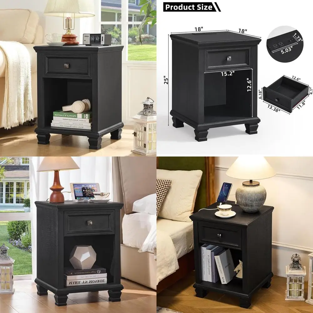 

Charging Station Nightstand in Rustic Wood Style for Bedroom or Living Room, Black