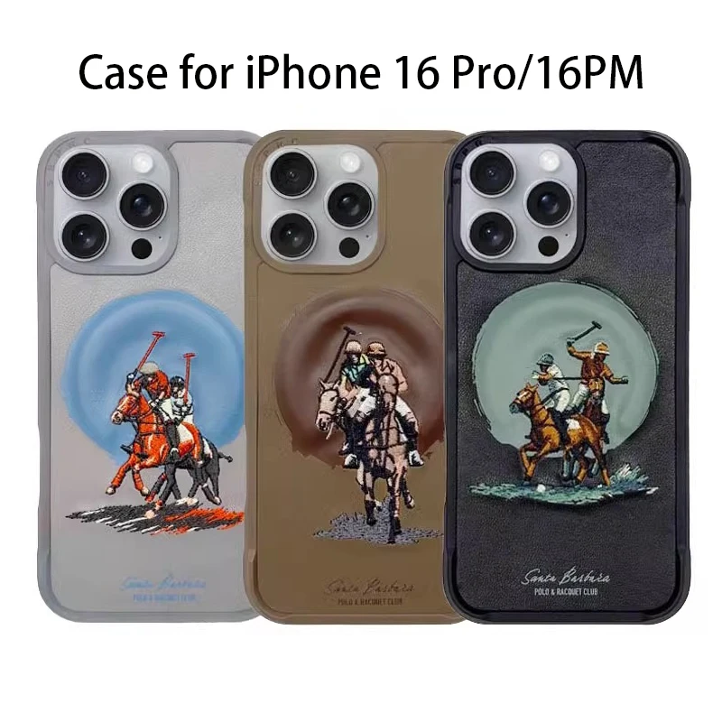 3D Embroidered Leather Case For iPhone 16 Pro Max Magnetic Protective Cover For iPhone 16 Pro Brown Grey Aubrey Horse Case