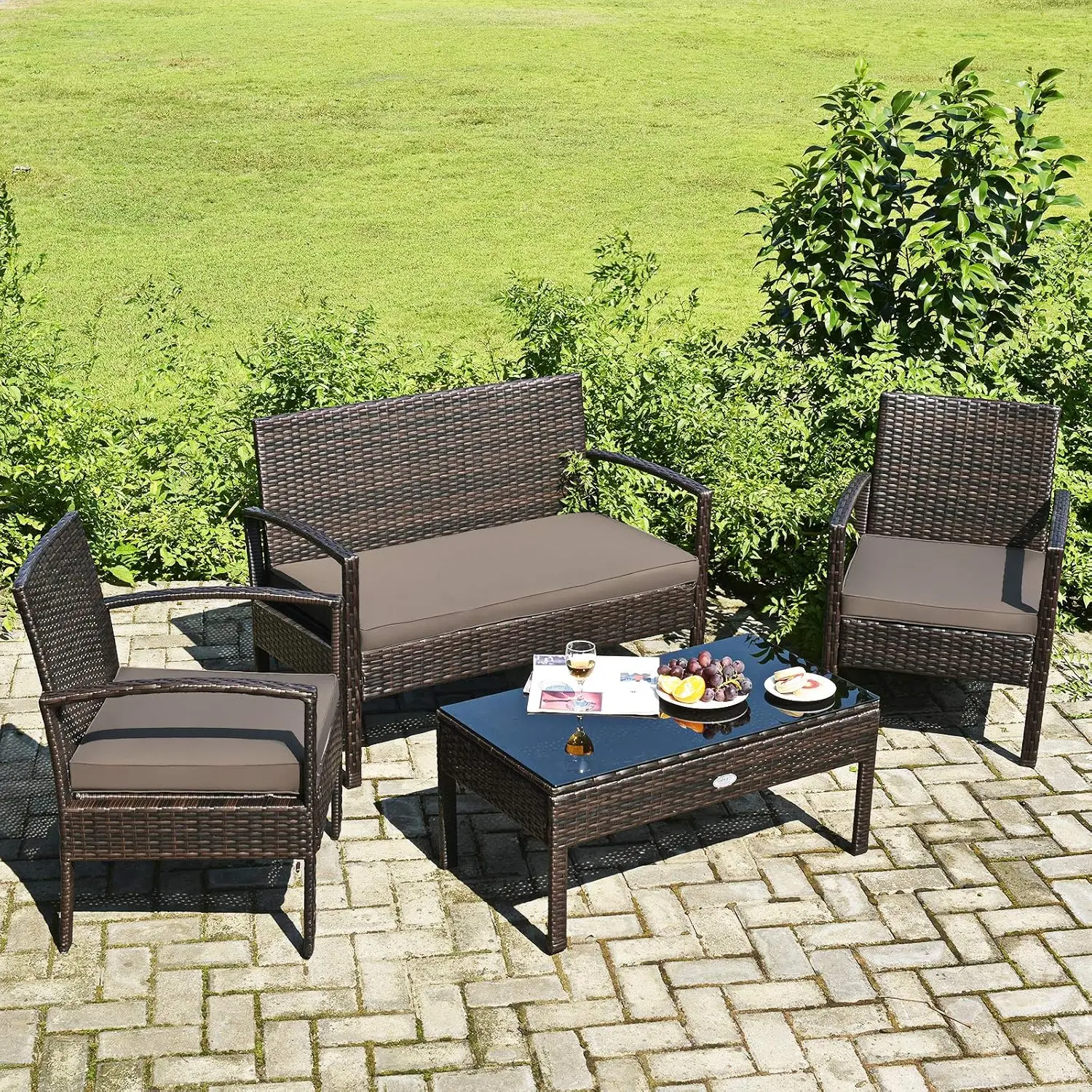Outdoor Wicker Patio Furniture Set 4 Pieces Sofa Chair with Cushion & Glass Table for Backyard Balcony Porch, Customized