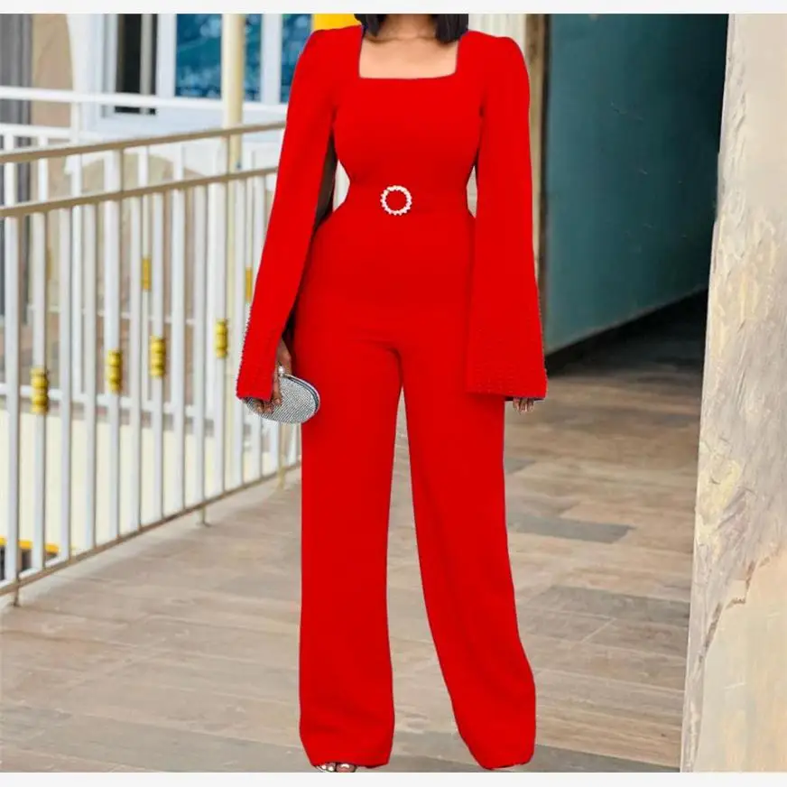 

Комбинезон с квадратным вырезом и бисером, однотонный, с завышенной талией, длинные брюки, из полиэстера, для повседневной носки