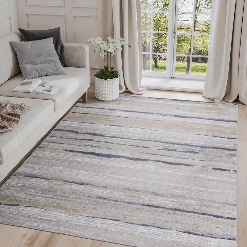 

Stylish 8X10 Ivory and Blue Striped Non-Shedding Area Rug for Living Room, Bedroom, Dining, or Home Office, Stain Resistant and