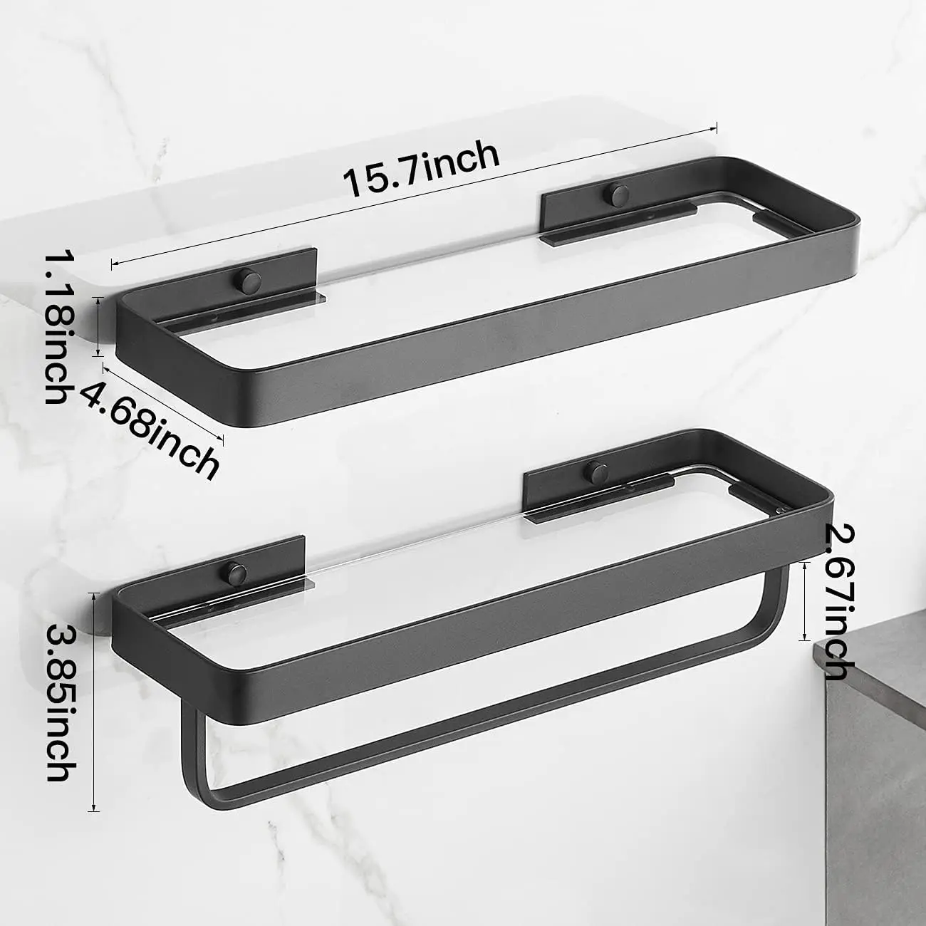 Bathroom Shelves Wall Mounted Glass Shelf for Bathroom Floating Shelf Tempered Glass Black Bathroom Wall Organizer 2-Tier