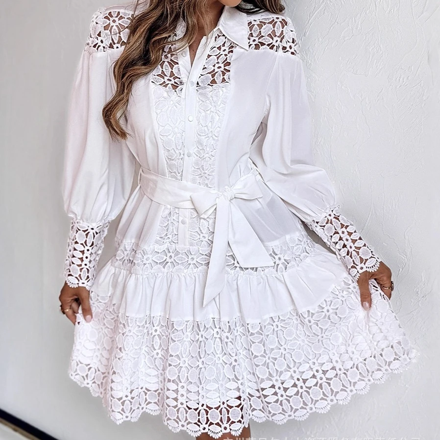 Mid Length Dress Women Shirts Dresses High Waist Vestidos Y2k Streetwear Full Sleeve Elegant White Party Night Work Hollow Out
