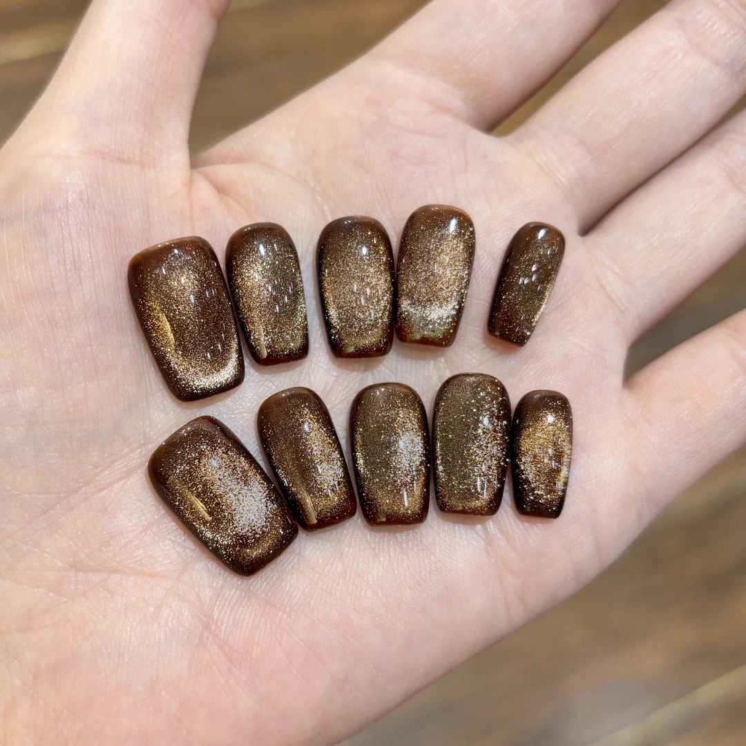 

10pcs/bag Autumn Coffee Brown Spun Gold Moonlight Cat Magnetic Handmade Press On Nails Medium Square Detachable False Nails