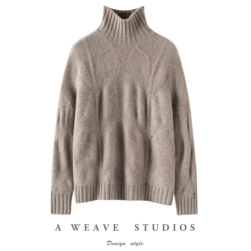 Jacquard Turtleneck Pullover With Leaves100%Merino Wool Women's Clothes Loose Thick Sweater Autumn Winter Fashion Casual Sweater