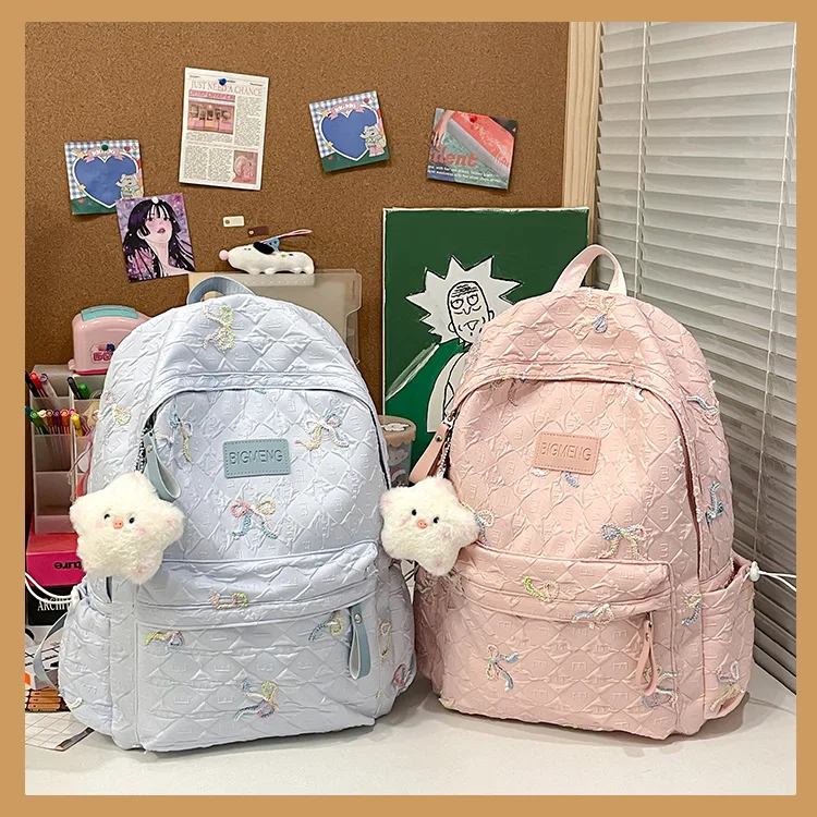 Colorful Bow Full Print Ruched Fabric Backpack Four Colors Available Large Capacity Girls Junior High High School School Bag