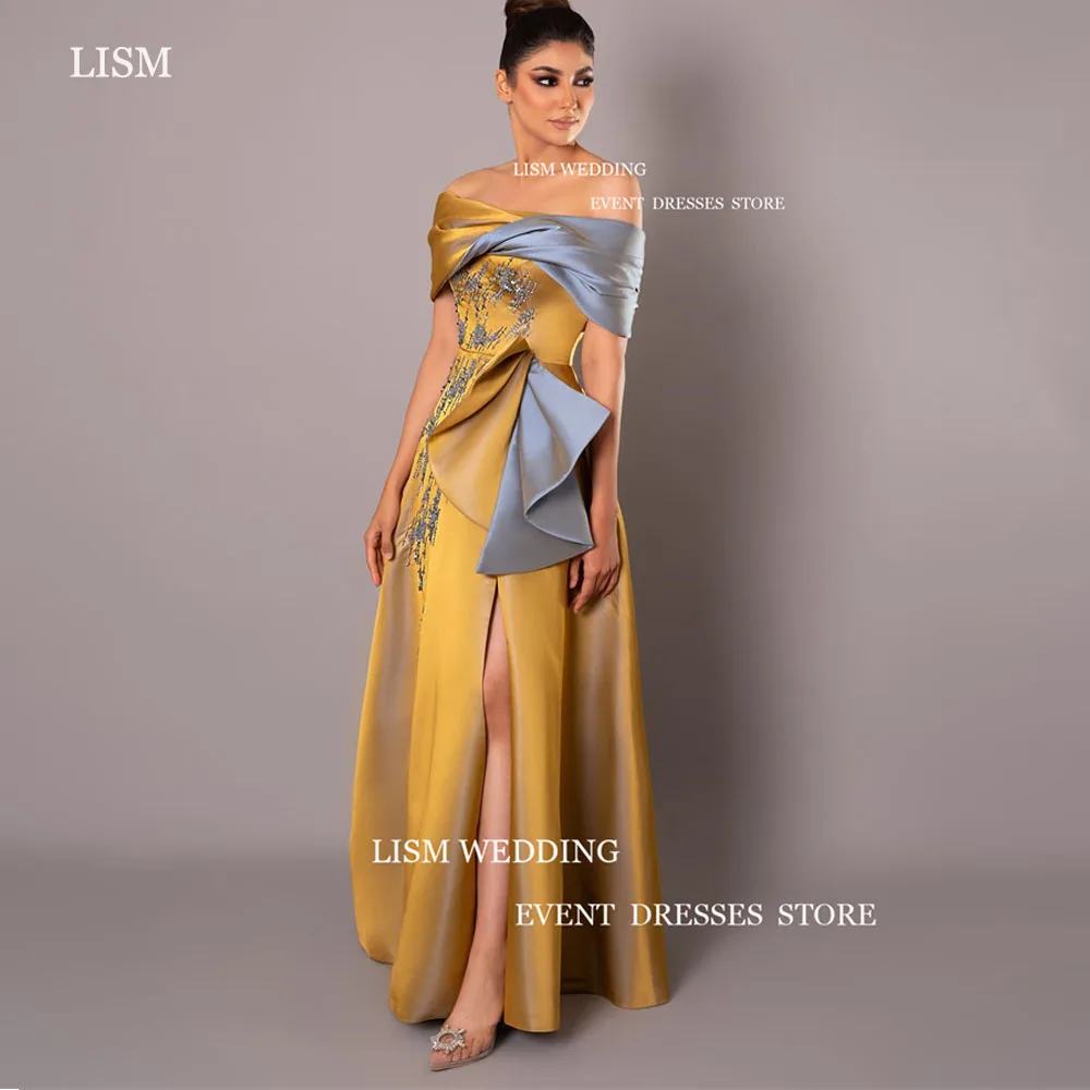 

LISM Clashing Gold Colors Satin Evening Dresses Saudi Arabic Women Royal Off The Shoulder Side Split Glitter Formal Gowns