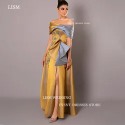 LISM Clashing Gold Colors Satin Evening Dresses Saudi Arabic Women Royal Off The Shoulder Side Split Glitter Formal Gowns