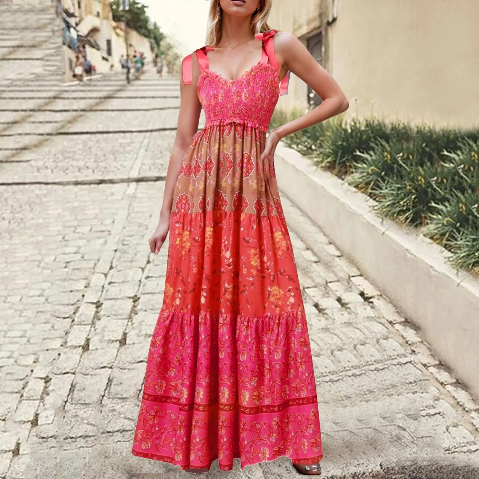 Women Summer Dresses Flowy Smocked Floral Maxi Dress Casual Sleeveless Tie Shoulder Boho Dresses Beach Sundresses 2024