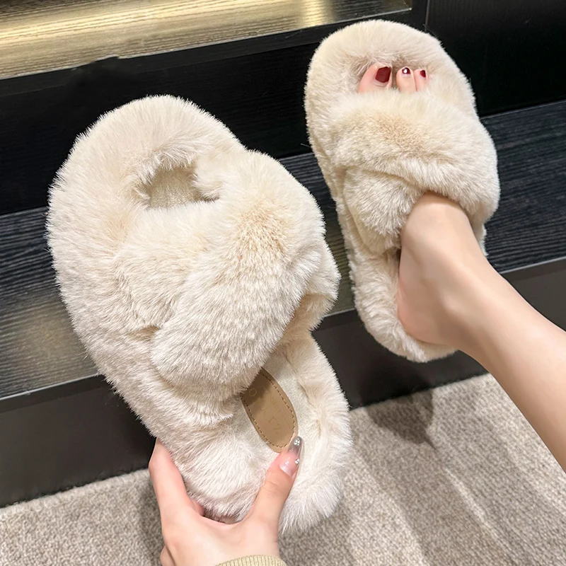 Zapatillas de plataforma de piel de conejo de imitación a la moda para mujer, pantuflas mullidas con tiras cruzadas cálidas para invierno, Zapatillas de casa de felpa de suela gruesa para mujer