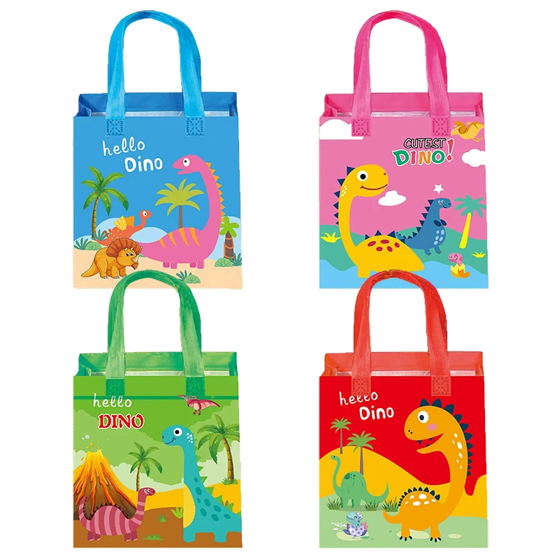 12pcs Cartoon Dinosaur Non-Woven Tote Bags Dino Reusable Grocery Bag Baby Shower Kid Birthday Party Decorations Snacks Gift Bags