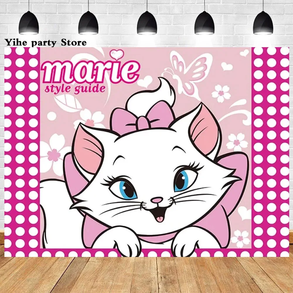 Fondo de decoración de fiesta de cumpleaños de niña, lindo gato María Rosa, tema de Los Aristogatos, estudio fotográfico personalizado a rayas