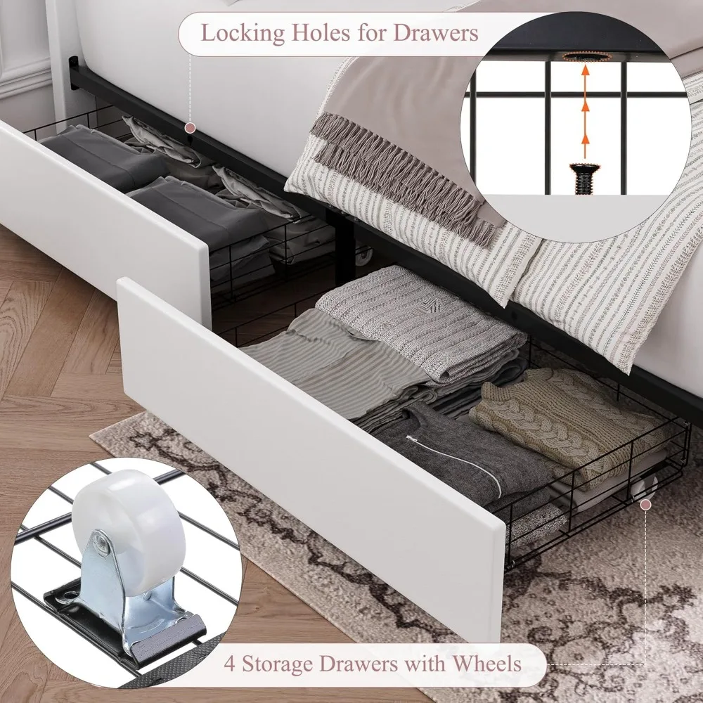 هيكل سرير كامل من hostack مع 4 أدراج تخزين، هيكل سرير بمنصة منجدة مع لوح رأسي معنقدة بزر، مرتبة شديدة التحمل