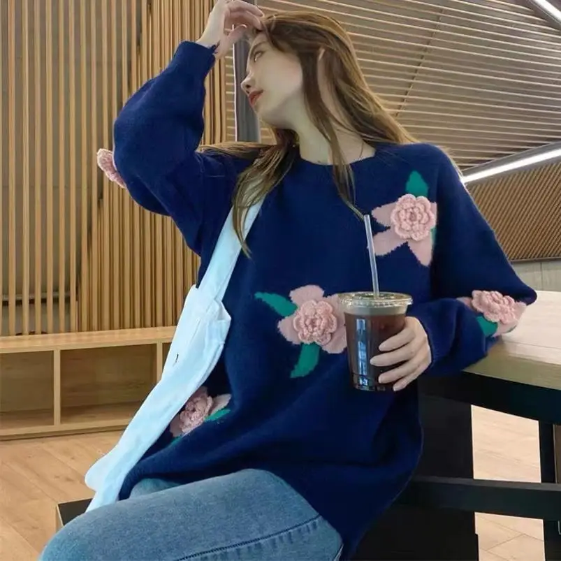 Female Vintage Knitwear Pullovers Preppy Style Women\'s 3D Flower Rose Knit Sweater Autumn Winter Casual Loose Outerwear U1095