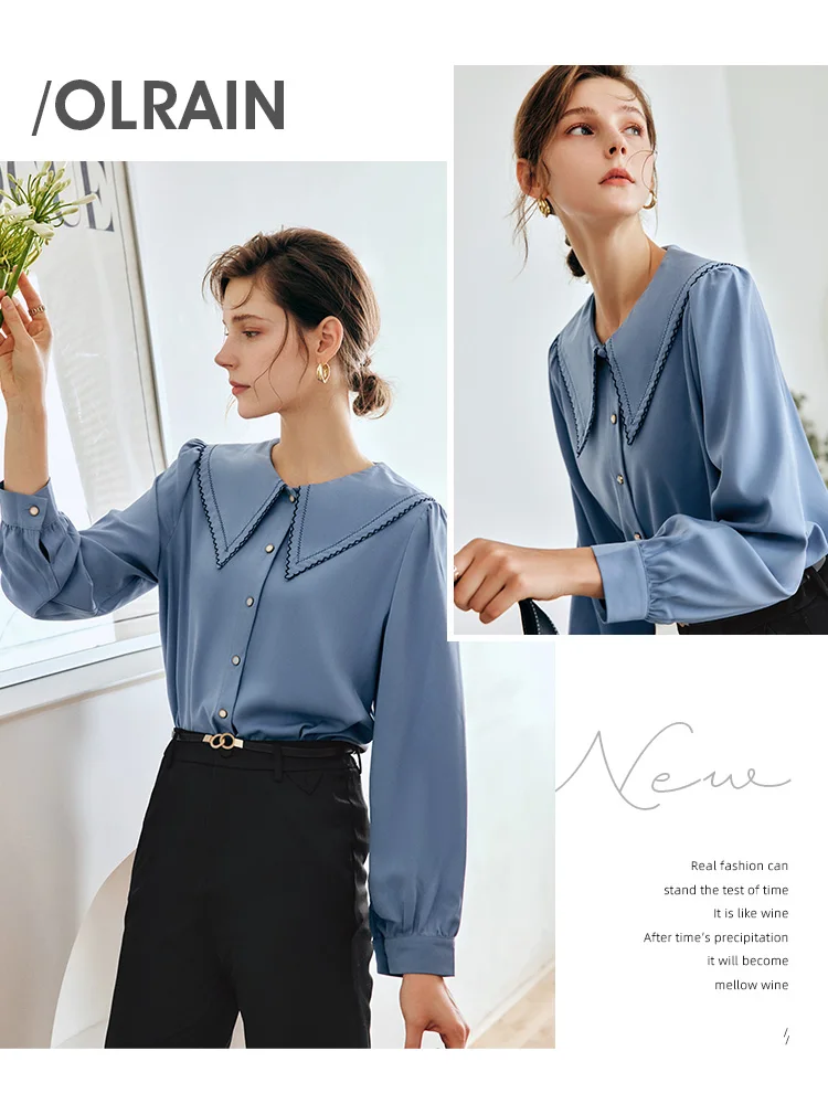 OLrain French Blue Women Shirt 2025 Spring Summer Office Lady Loose Embroidered Lapel Puff Sleeves Elegant Blouses O22QC00812