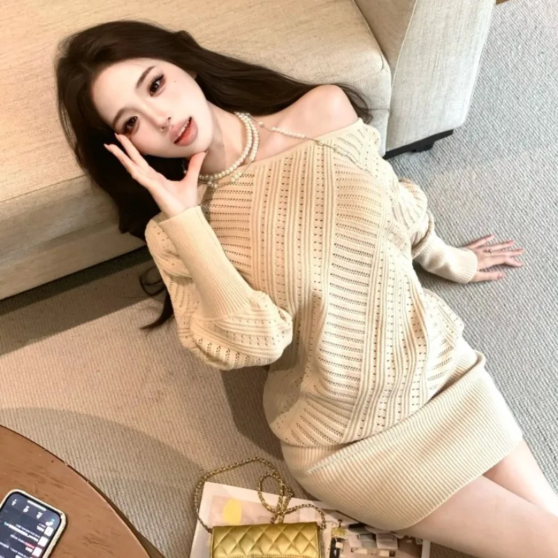 Autumn Winter New Sle Women's Knitted Dr Cowl Ne Long Sve High Waist A-Line  Dr Irregular Design Loose Fit