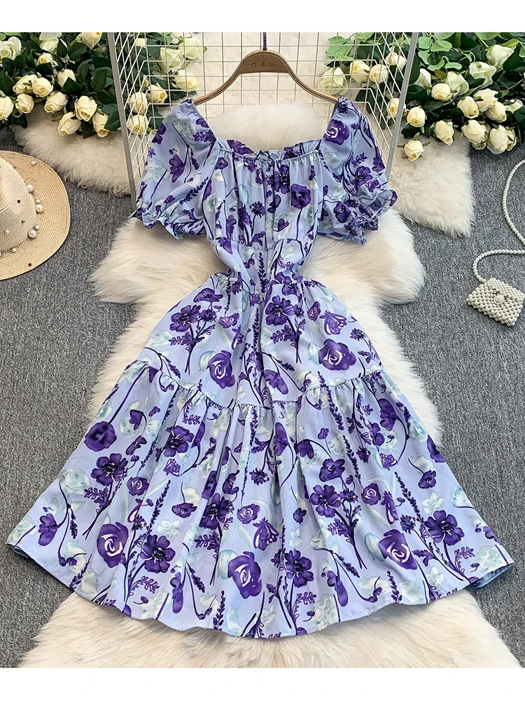 Minivestido Floral con cuello cuadrado para mujer, vestido plisado de manga corta con presión de viento para vacaciones, dulce vestido de princesa ceñido A516